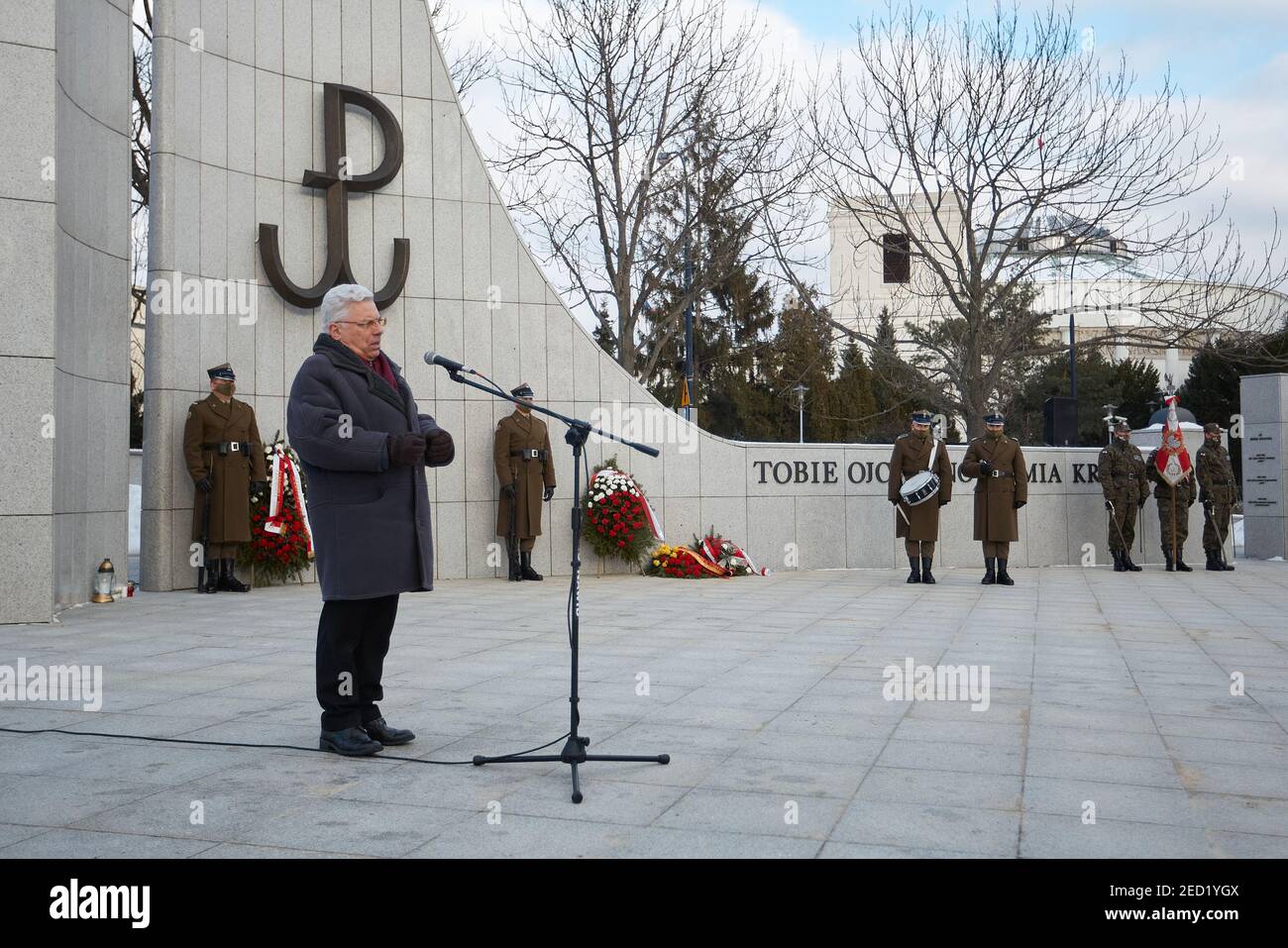 Varsovie, Mazovie, Pologne. 14 février 2021. Célébration du 79e anniversaire de la transformation de l'Union pour la lutte armée en Armée nationale au Monument de l'Armée nationale et de l'Etat souterrain. Sur la photo: Wiesà…''šaw Wysocki crédit: Hubert Mathis/ZUMA Wire/Alay Live News Banque D'Images