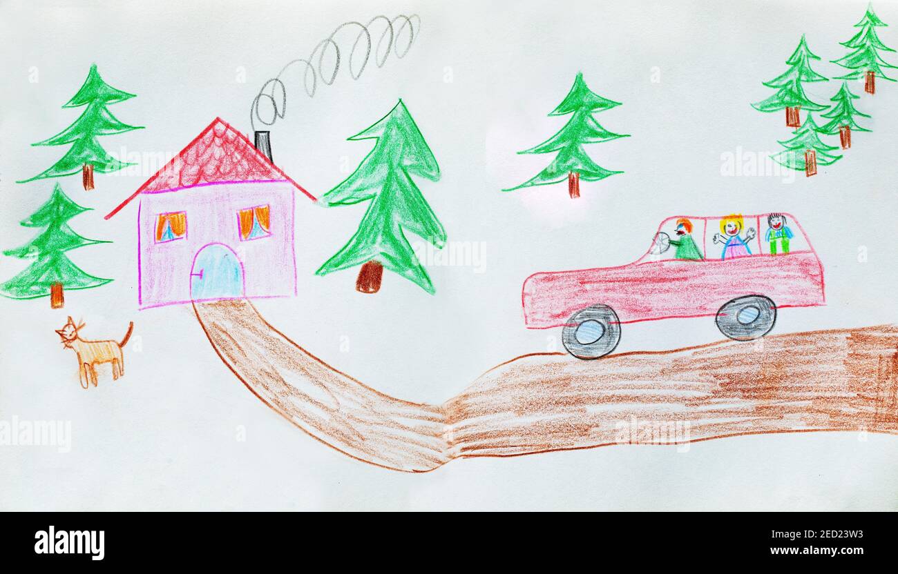 Illustration naïve, dessin d'enfant, famille en voiture en face de la maison, Autriche Banque D'Images