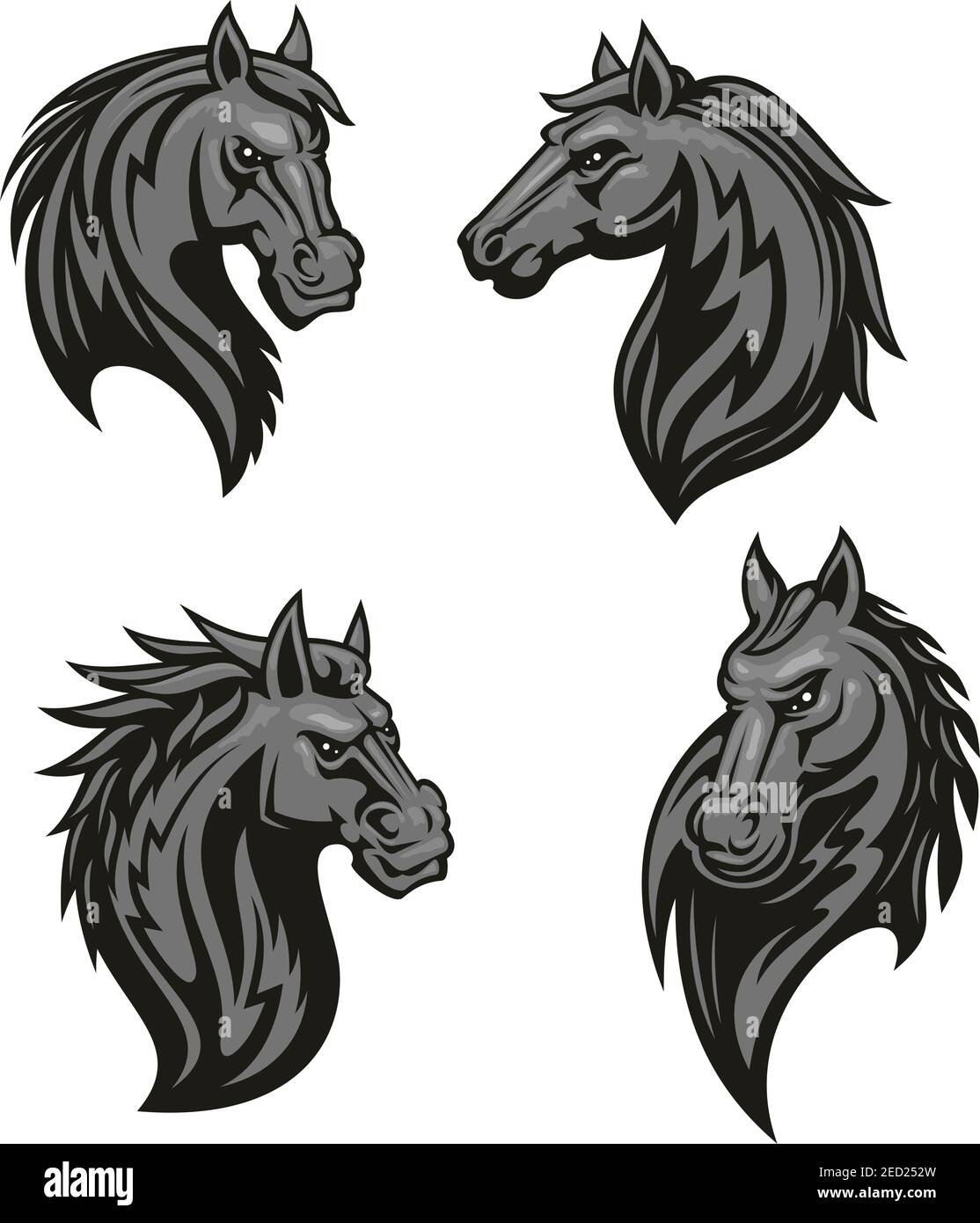 Icône de cheval tribal noir. Ensemble de mascotte de sport Mustang Head pour les sports équestres, les courses hippiques, les tatouages ou les motifs de t-shirt Illustration de Vecteur