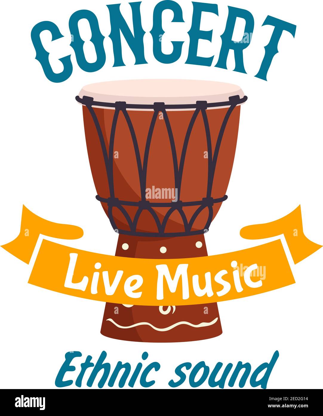 Concert de musique ethnique symbole d'étiquette isolé de concert. Instrument de musique vectoriel de tambour parlant traditionnel africain, tambour conga ethnique, percussion tam Illustration de Vecteur