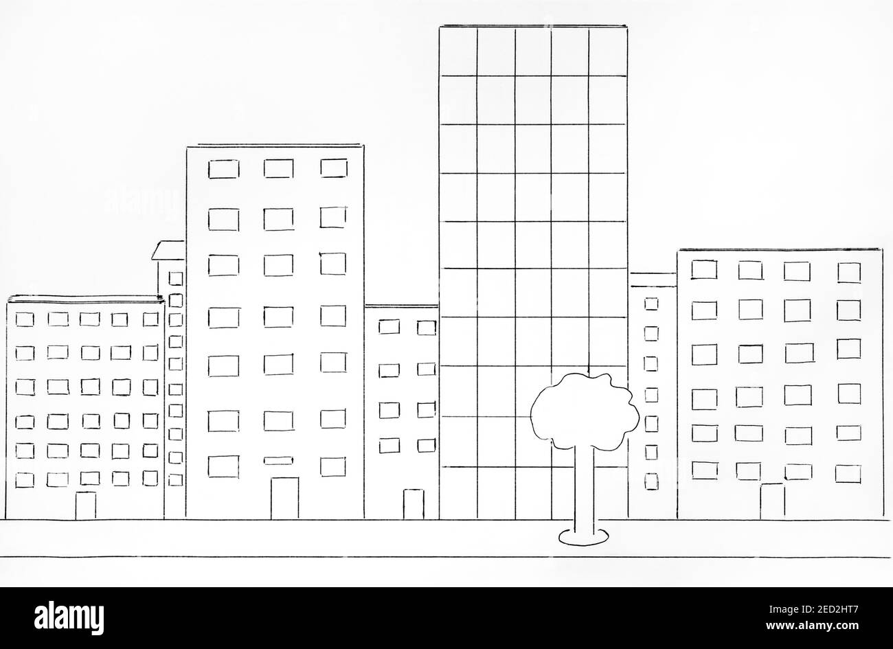 Paysage urbain avec bâtiments. Noir et blanc. Dessin à la main réalisé à l'aide d'un stylo noir. Banque D'Images