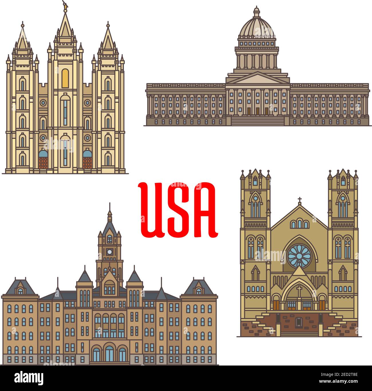 Icône Travel Landmarks of USA Thin Line. L'icône de l'American Utah avec Salt Lake City et le County Building, la cathédrale de la Madeleine, Utah Sta Illustration de Vecteur