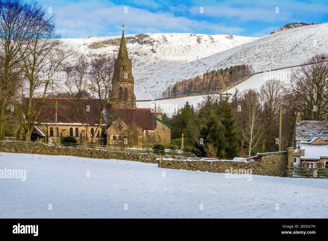 Edale village église en hiver, Peak District National Park, Royaume-Uni, Banque D'Images