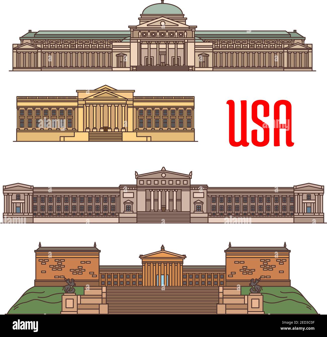 USA, visites vectorielles icônes de l'Institut Franklin de Philadelphie, Chicago Museum of Science and Industry, Field Museum of Natural History, Museum of A Illustration de Vecteur