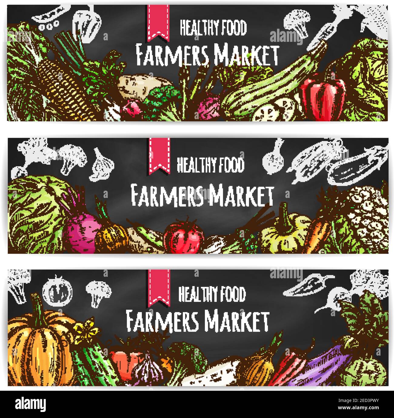 Légumes du marché agricole. Banderoles végétariennes pour aliments sains. Faites un croquis au craie de la citrouille et du chou végétaux, de l'oignon et du brocoli, du poivre et du concombre, à Illustration de Vecteur