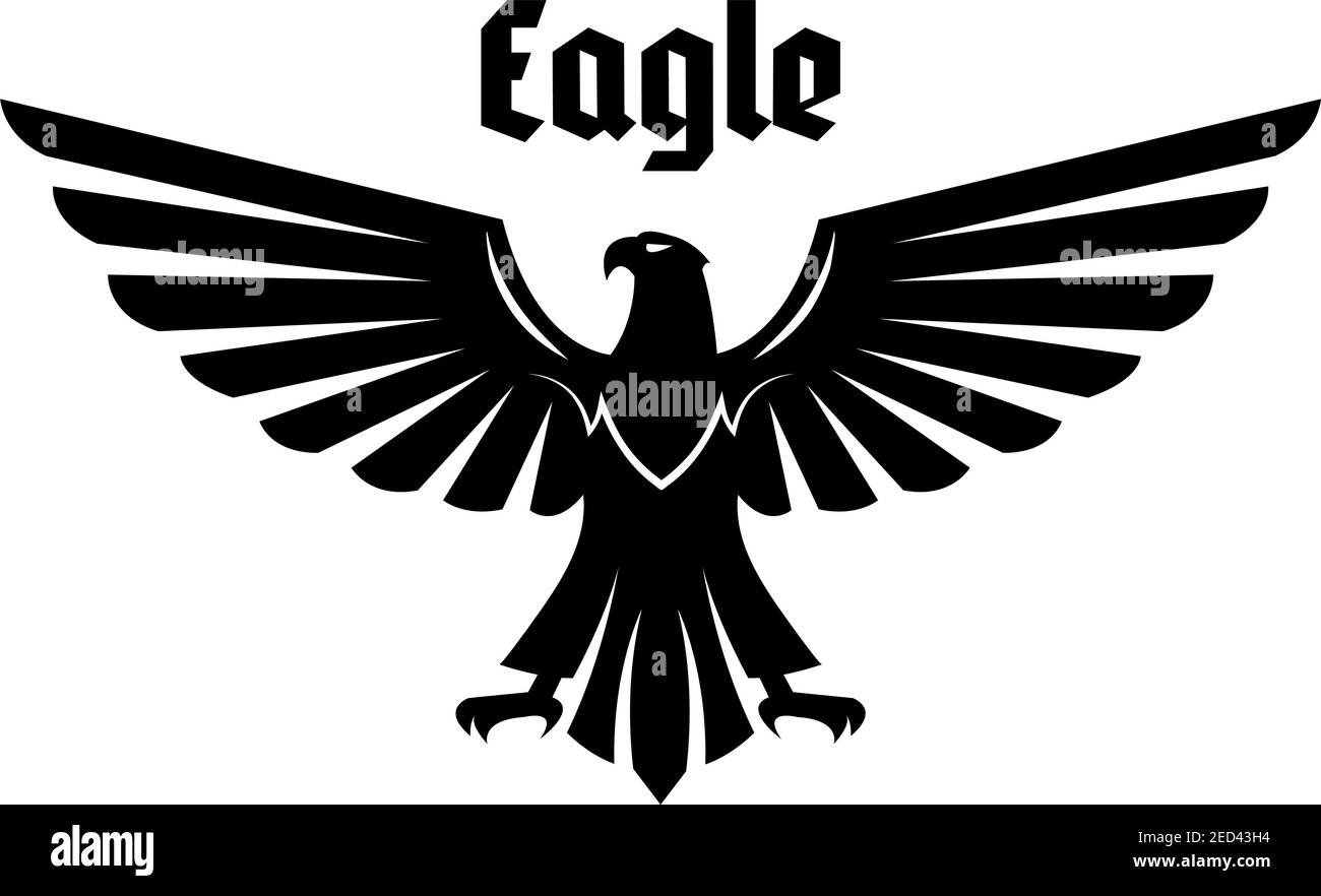 Symbole héraldique d'aigle. Aigle noir, faucon ou oiseau de faucon avec des ailes et des jambes étirées. Oiseau héraldique pour blason royal, écusson, emblème ou tatouage Illustration de Vecteur