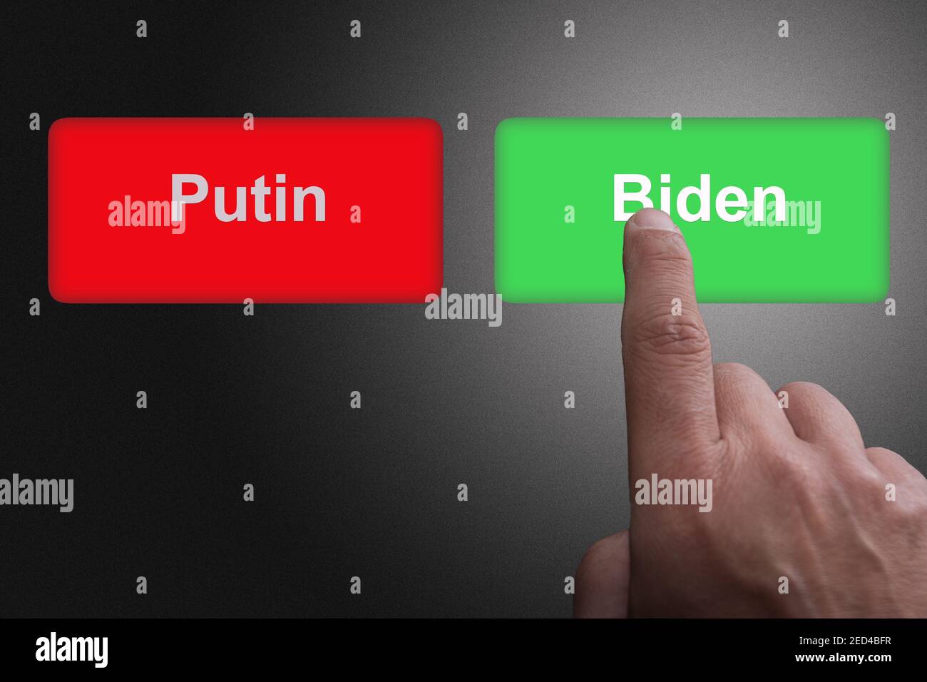 Bouton rouge avec l'écriture de Poutine et bouton vert avec Biden Écrire le concept pour les relations entre les Etats-Unis et la Russie toujours difficile Banque D'Images