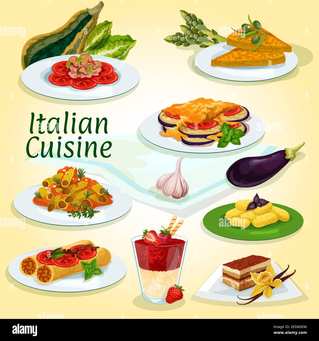 Cuisine Italienne Plats Principaux Et Desserts Icone Avec Pates Milanaises Omelette Aux œufs Pates Farcies Ragout D Aubergines Boulettes De Pommes De Terre Gateau Au Cafe Tirami Image Vectorielle Stock Alamy