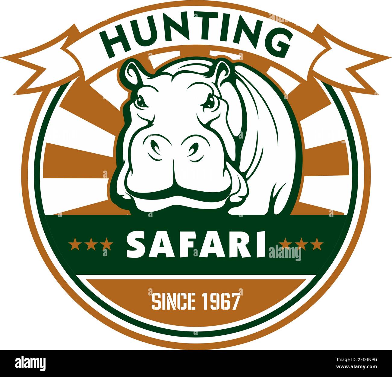 Symbole du sport de chasse et du safari africain. Hippo, encadré par un badge rond avec une bannière en ruban et une étoile. Safari, aventure en plein air et chasse sportive Illustration de Vecteur