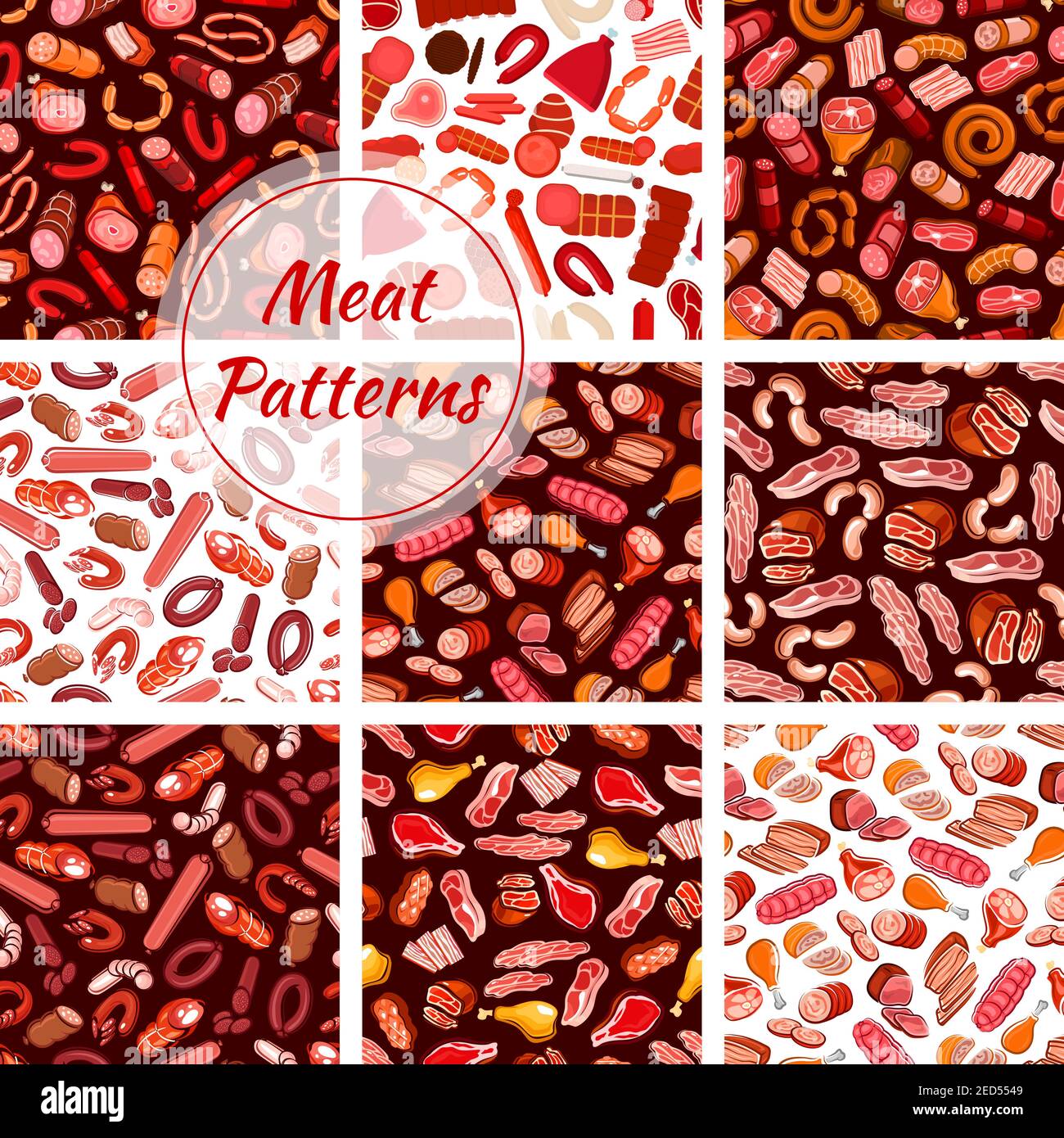 Ensemble de motifs de viande. Vector fond sans couture de frais et de boucher magasin charcuterie viande saucisses, jambon, bacon, beefsteak, schnitzel, salami, pepperon Illustration de Vecteur