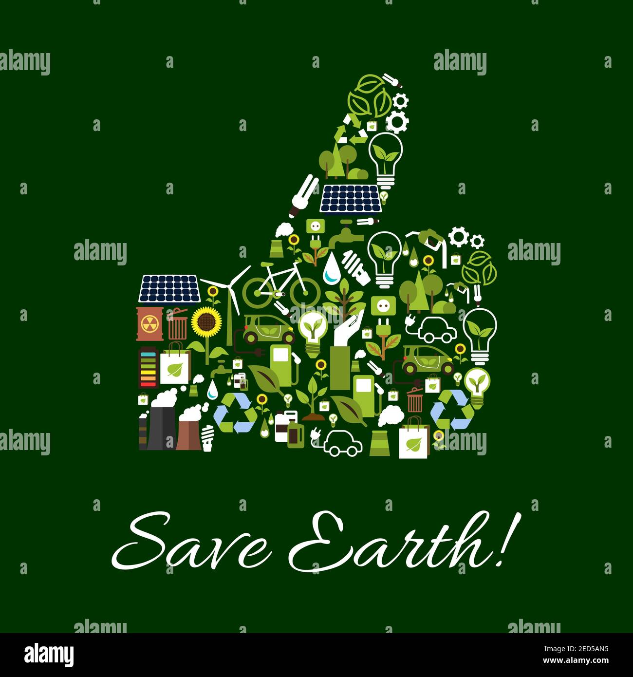 Affiche Save Earth Ecology. Concept de symbole de protection de l'environnement. Pouces vers le haut forme de vecteur conservation de la nature et de la pollution icônes lampe, g Illustration de Vecteur