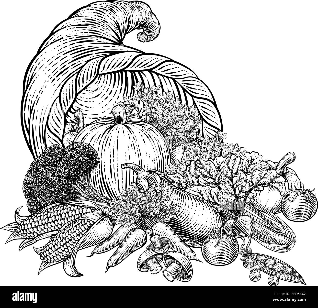 Cornucopia Horn produire des légumes Woodgcut d'époque Illustration de Vecteur