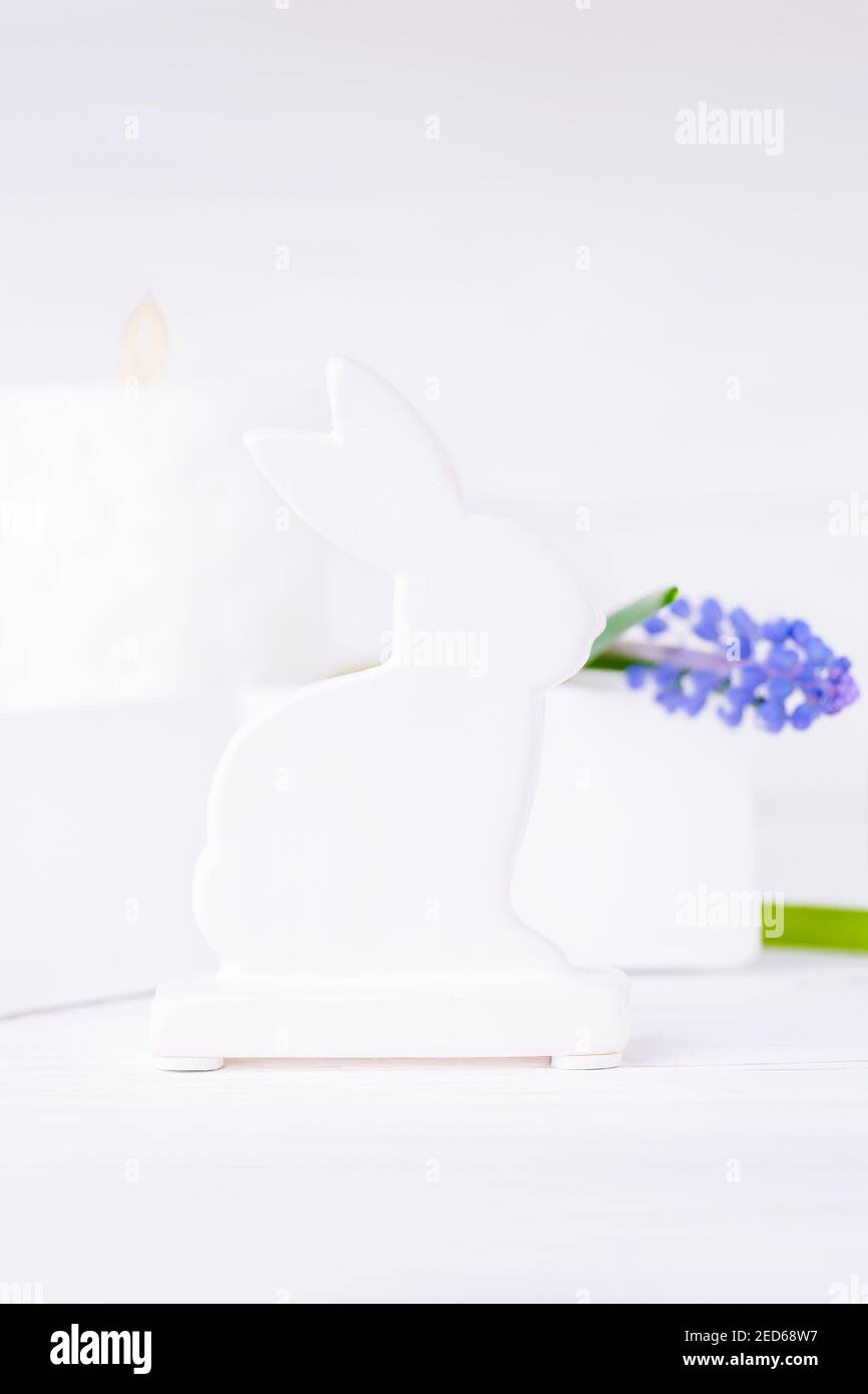 Lapin de Pâques et jacinthe de raisin, photo blanche avec muscari à fleur bleue Banque D'Images
