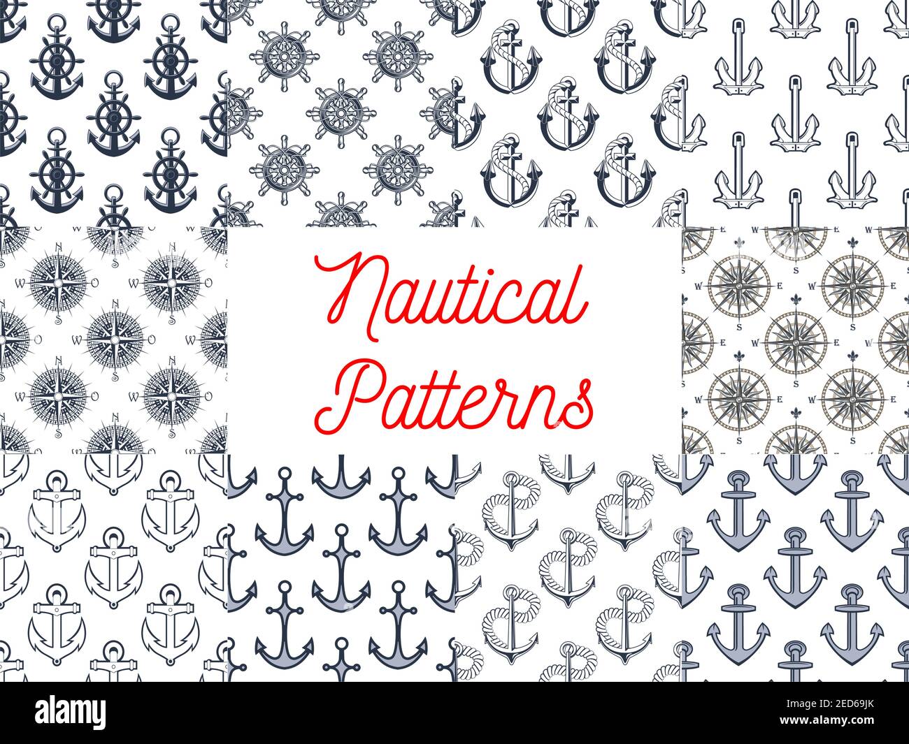 Motifs marins sans couture ensemble d'ancrage marin, barre et volant avec corde, boussole de navigation vintage et rose vent Illustration de Vecteur