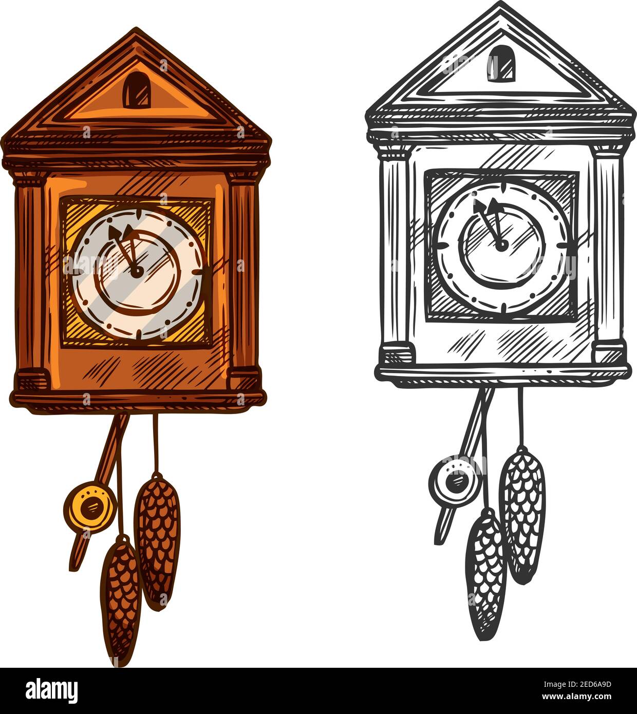 Horloge du nouvel an. Vector isolé esquisse cuckoo Wall horloge avec pendule et cônes de sapin. Flèches en minutes avant minuit. Symbole rétro pour le christ Illustration de Vecteur