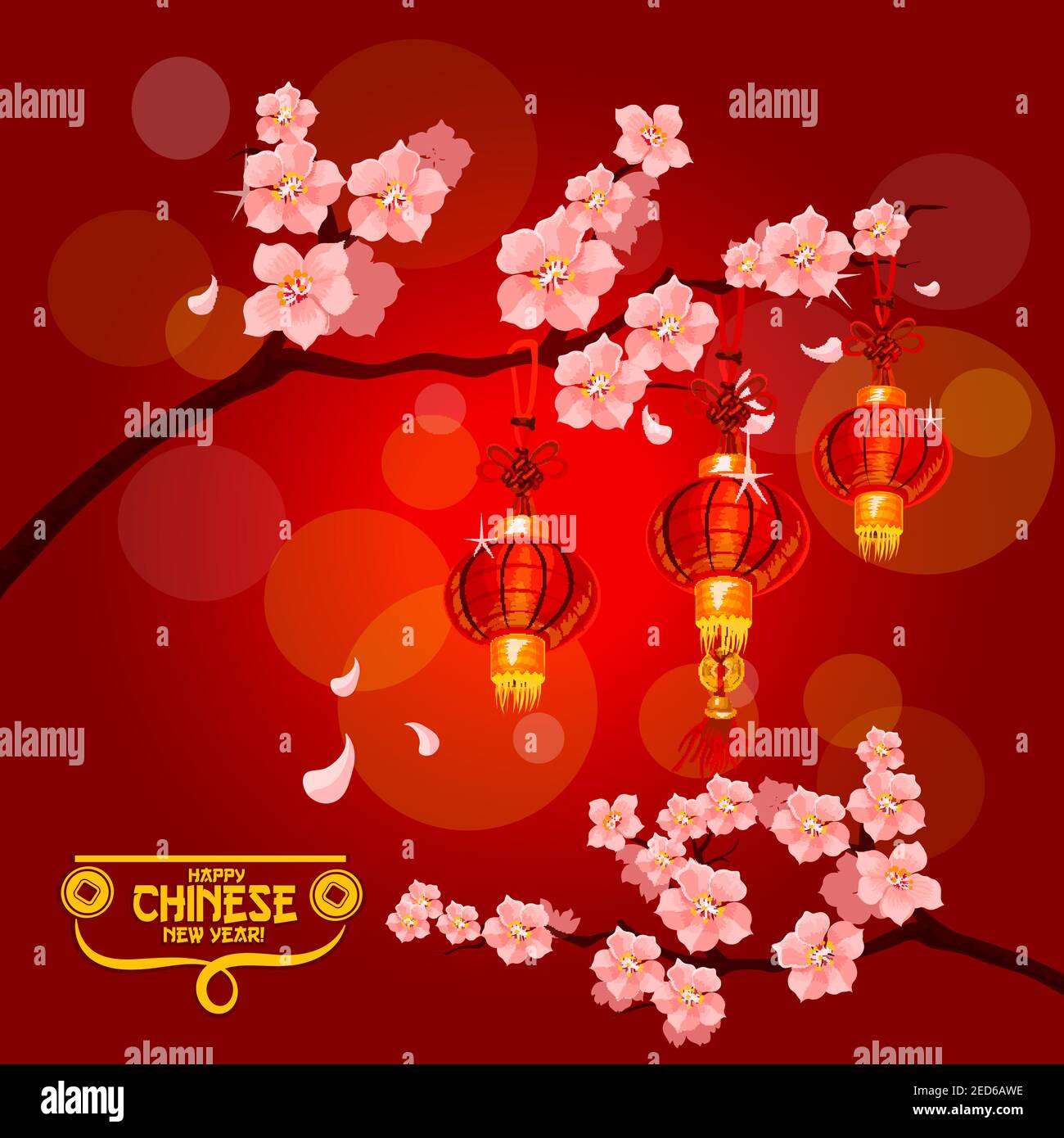 Affiche du nouvel an chinois avec lanternes en papier rouge accrochées aux branches d'un prunier fleuri aux fleurs roses. Fleur de prune avec lanternes pour la Chine ne Illustration de Vecteur