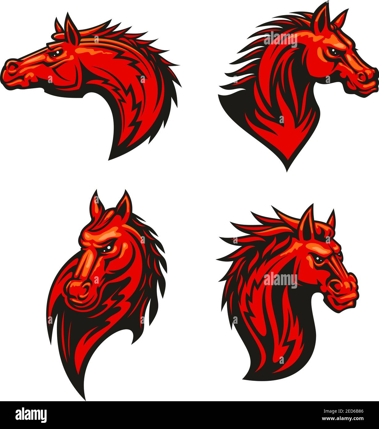 Ensemble de mascotte de cheval en colère avec mustang flamboyant rouge ou étalon avec un reflet agressif et une manie décorative tribale. Mascotte d'équipe sportive, tatouage, équitation Illustration de Vecteur