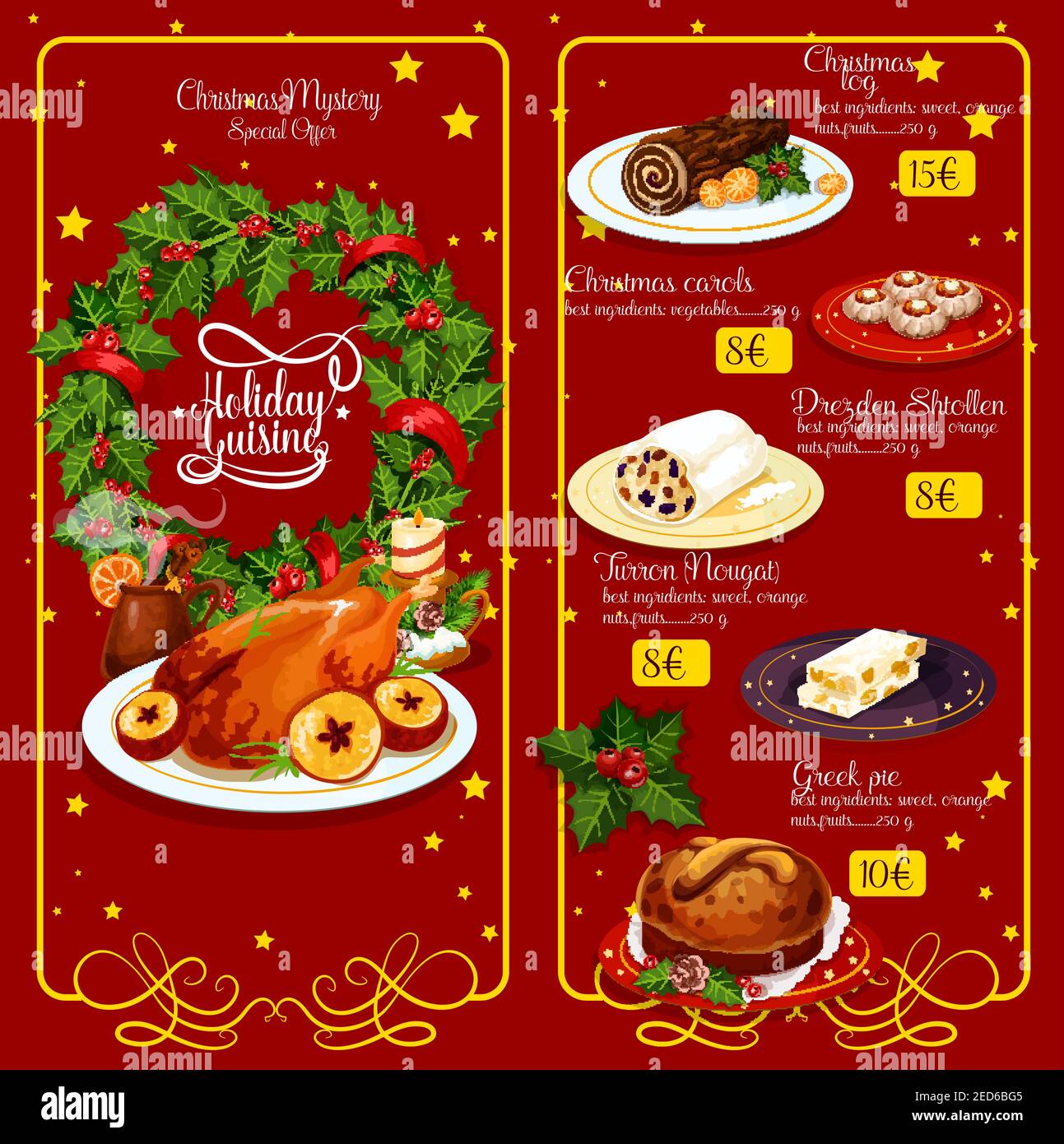 Menu Du Restaurant Pour Le Diner De Noel Dinde De Noel Vin Gateau Au Chocolat Pain Sucre Grec Tarte Stollen De Fruits Et Nougat Espagnol Avec Couronne De Baies Houleuses Image Vectorielle