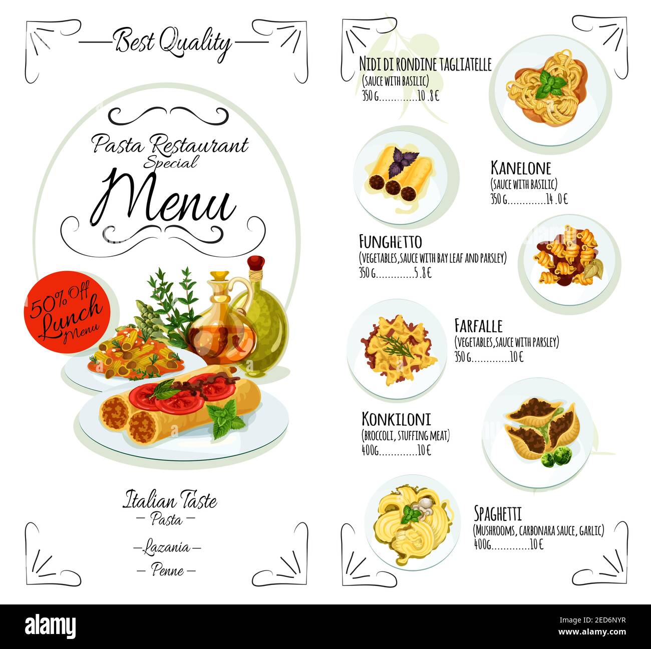 Modèle de menu de pâtes du restaurant de cuisine italienne. Spaghetti à