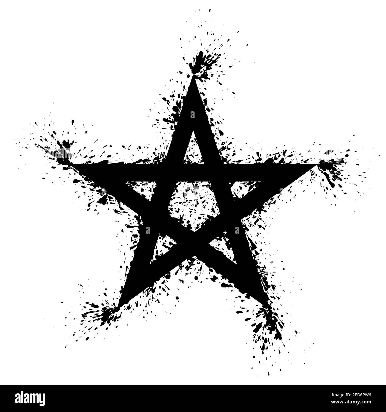 Le pentagramme est éclaboussé de peinture noire sur fond blanc. Cinq étoiles pointues, éclaboussé de peinture noire. Étoile géométrique. Banque D'Images