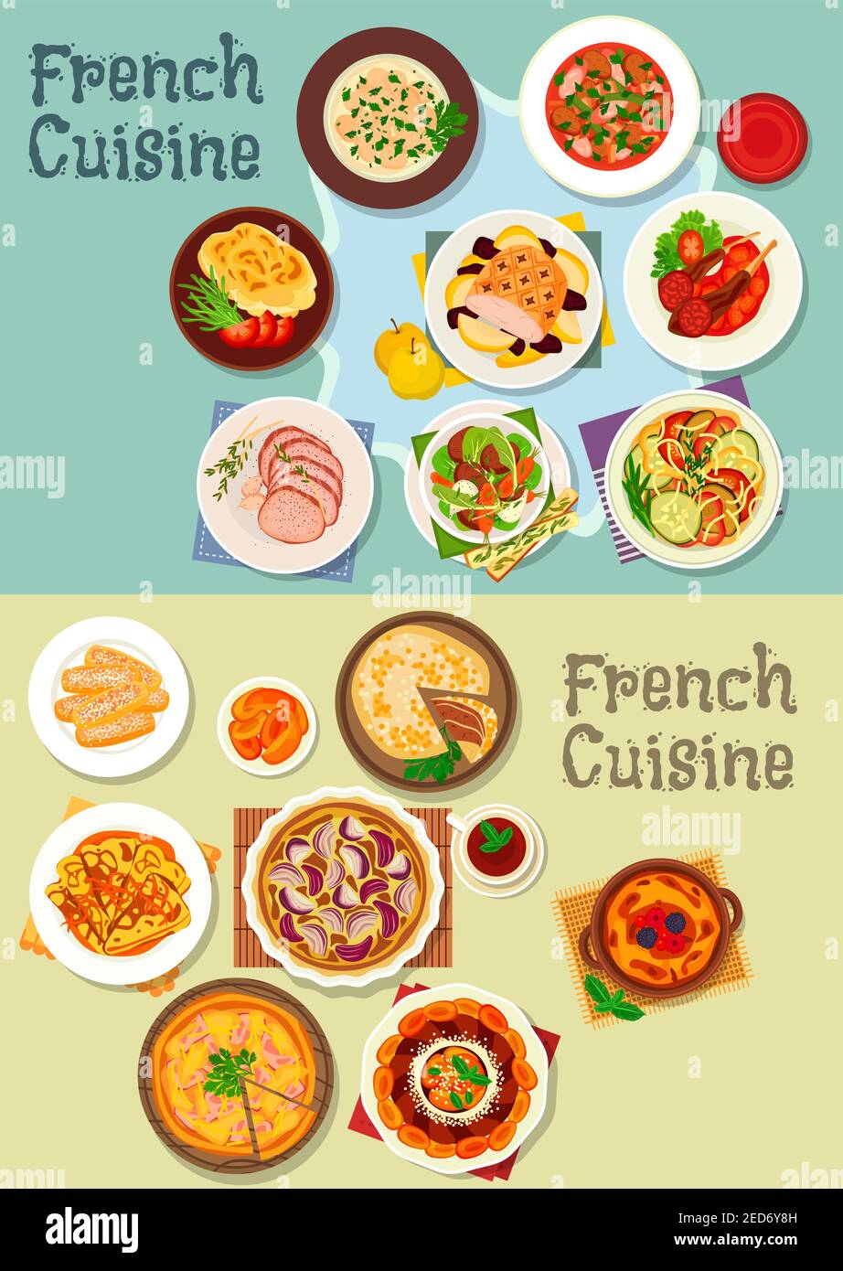 Cuisine française plats de viande et de dessert ensemble emblématique de ratatouille ragoût, oignon, tarte au jambon, rôti d'agneau et de bœuf, ragoût de viande, porc et pommes de terre cuits au four, gâteau aux fruits Illustration de Vecteur