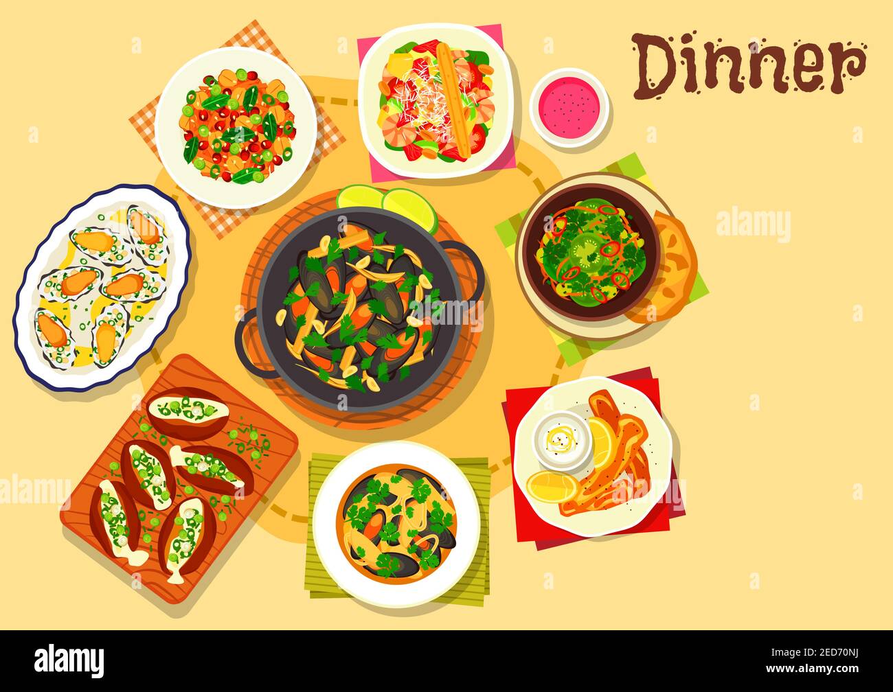 Plats de fruits de mer avec une salade de moules dans une sauce au vin, salade d'avocats aux crevettes, pommes de terre au fromage, moules farcies au riz, soupe de fruits de mer, vert Illustration de Vecteur