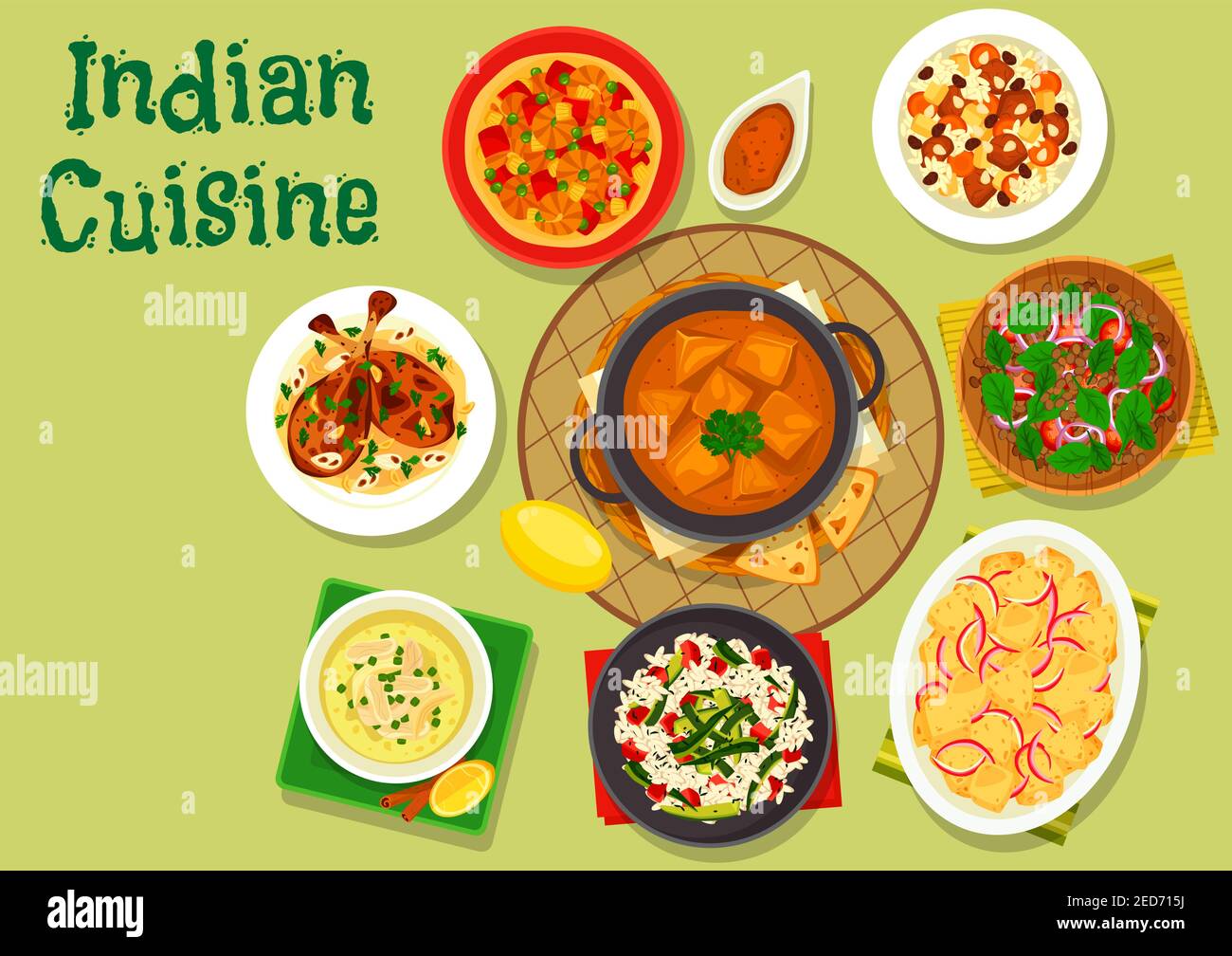 Cuisine indienne le dîner épicé est une icône de riz avec courgettes et bacon, soupe de poulet, poulet aux amandes, riz aux légumes d'agneau, masala de crevettes, salade de lentilles de tomate Illustration de Vecteur