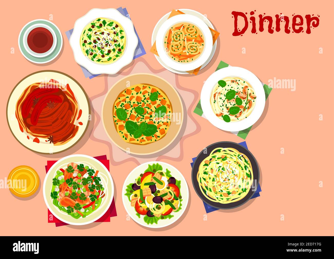 Plats pour le dîner, icône de nouilles à la viande et aux crevettes, salade de thon aux légumes à l'olive et aux œufs, pâtes à l'ail au fromage, soupe de poulet, spaghetti à la nu Illustration de Vecteur