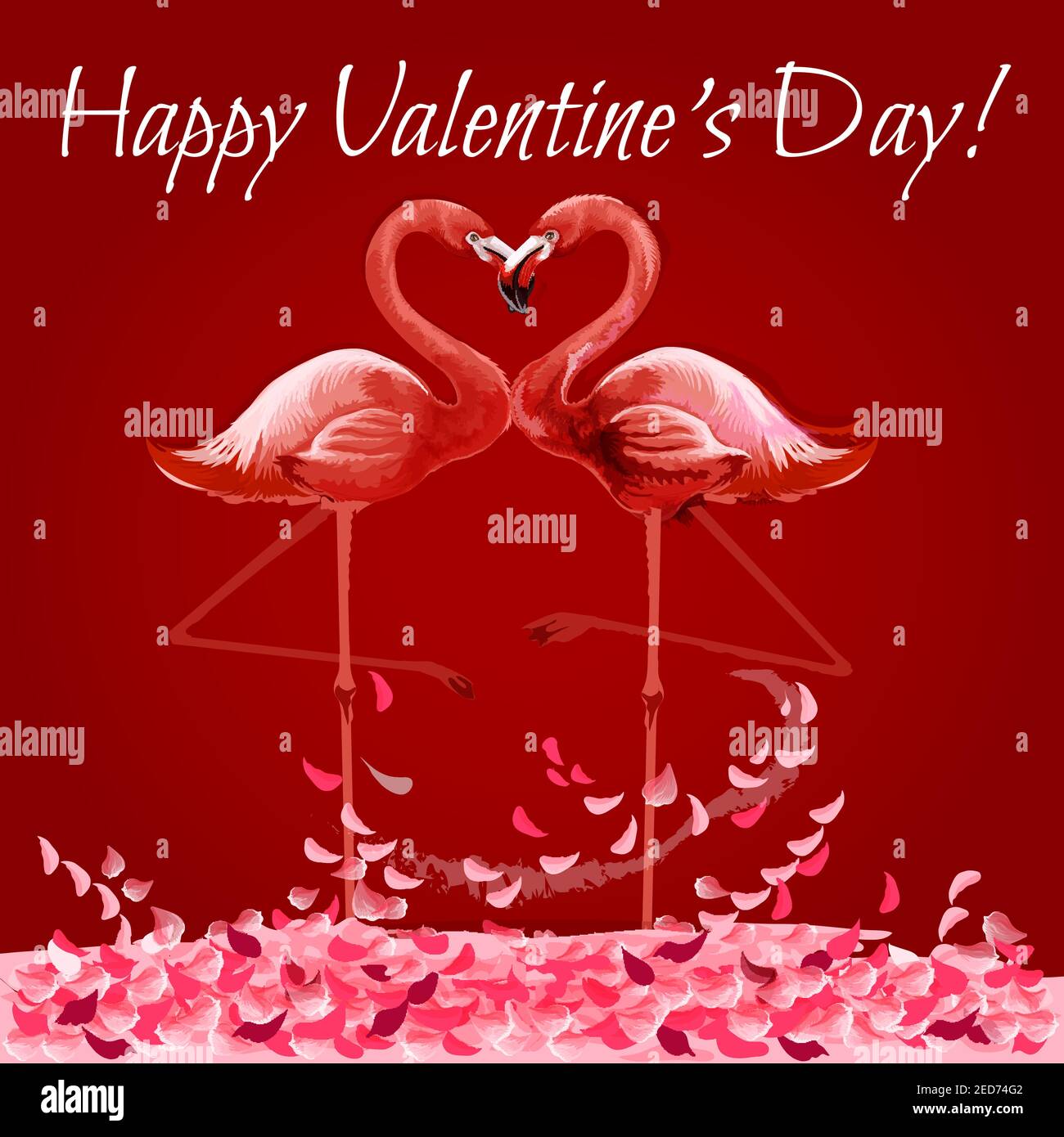 Carte de voeux pour la Saint-Valentin avec coeur flamants de flamants. Couple amoureux d'oiseaux roses exotiques formant le coeur tout en embrassant. Carte romantique Saint-Valentin, Illustration de Vecteur