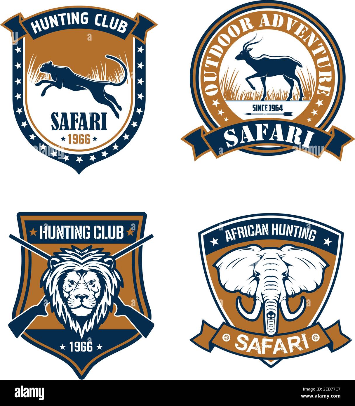 Ensemble de badges pour le club de chasse, le safari et l'aventure en plein air. Symbole du club de sport Hunter avec lion, éléphant, léopard et antilope sur bouclier héraldique avec croix Illustration de Vecteur