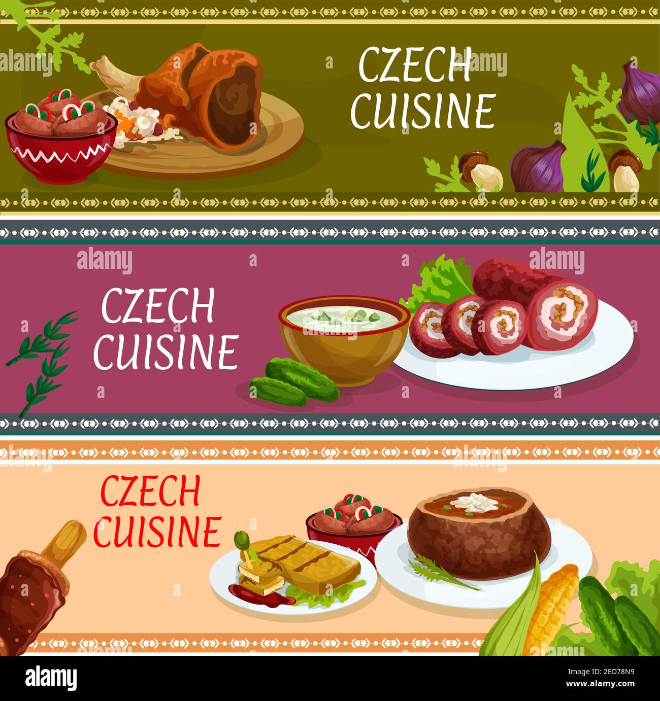 Ensemble de banderoles pour la cuisine tchèque. Jarret de porc traditionnel, fromage frit, saucisse marinée avec légumes, rouleau de bœuf, soupe de pommes de terre dans un bol à pain de seigle Illustration de Vecteur