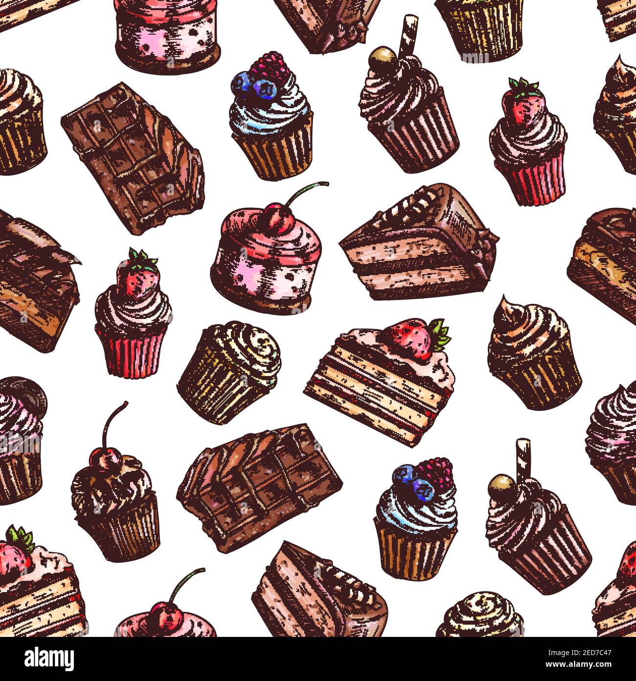 Gâteaux sucrés, petits gâteaux aux fraises, muffins au chocolat, tartes aux fruits et baies. Les couleurs vectorielles esquissés un motif sans couture de desserts cuits pour la pâtisserie Illustration de Vecteur