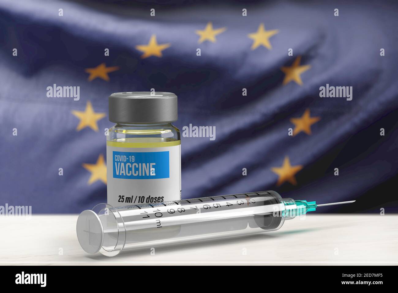 Concept national du vaccin Covid-19 : flacon et seringue d'injection médicale en 3d avec drapeau européen mobile en arrière-plan. Concurrence nationale Banque D'Images