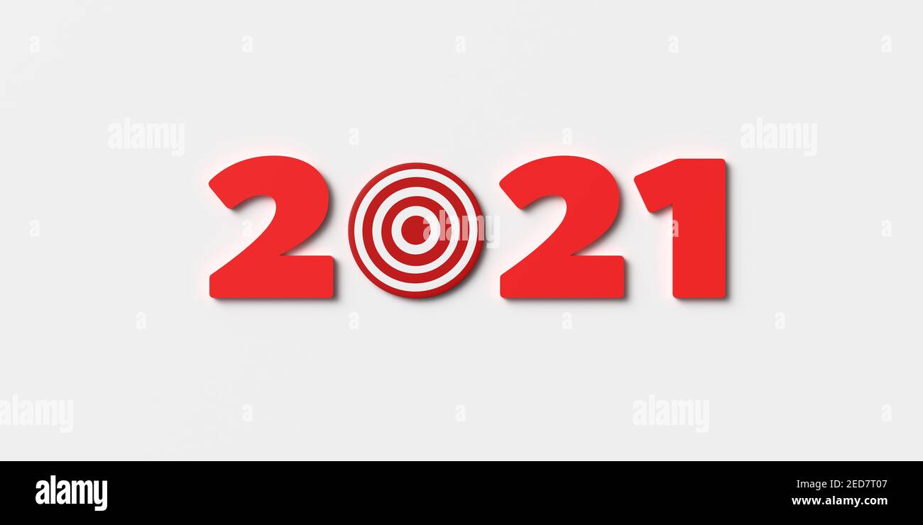 Objectifs de la nouvelle année et concept de planification : les chiffres rouges de l'année civile 2021 sont affichés en 3D sur fond blanc. La lettre zéro est un tableau de fléchettes rond Banque D'Images
