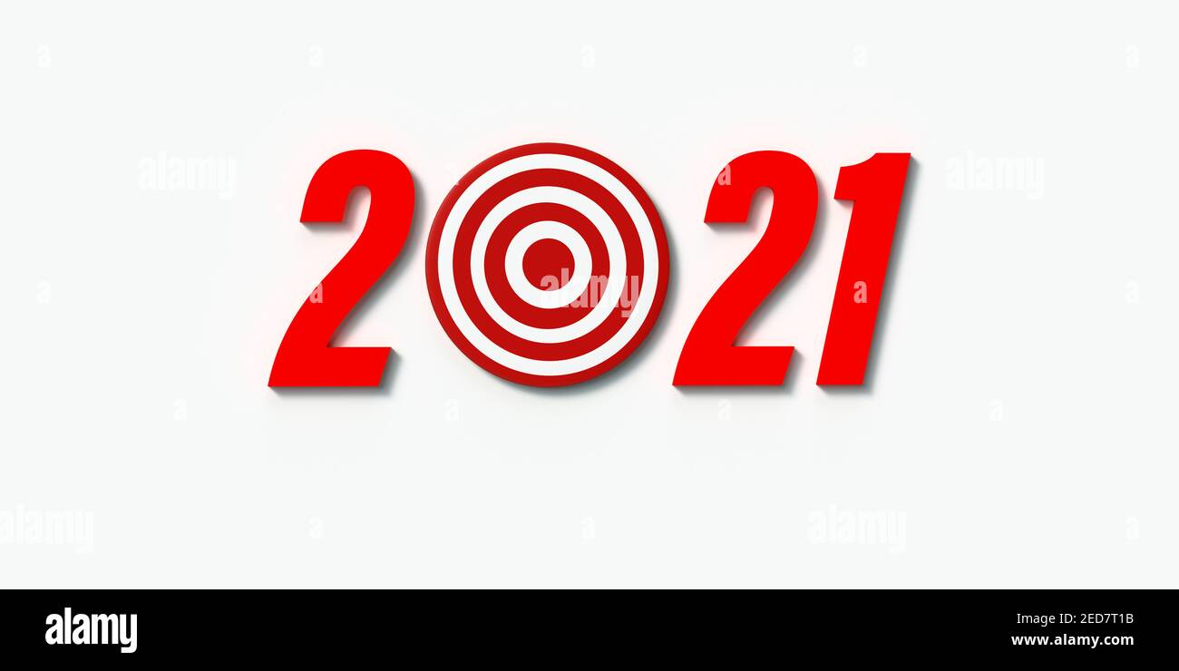 Objectifs de la nouvelle année et concept de planification : les chiffres rouges de l'année civile 2021 sont affichés en 3D sur fond blanc. La lettre zéro est un tableau de fléchettes rond Banque D'Images