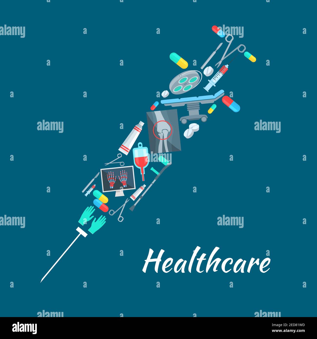 Affiche médicale avec symbole de seringue combiné d'articles médicaux de soins de santé et d'outils de chirurgien ou de thérapeute. Vecteur humain genou et mains X-ray, chirurgie le Illustration de Vecteur