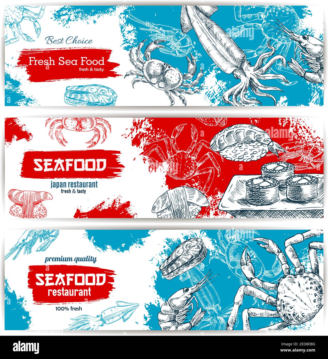 Banderoles à dessin de fruits de mer avec petits pains à sushis et sashimi, homard et crabe frais, steak grillé au saumon, crevettes et calmar avec caviar rouge. VEC Illustration de Vecteur