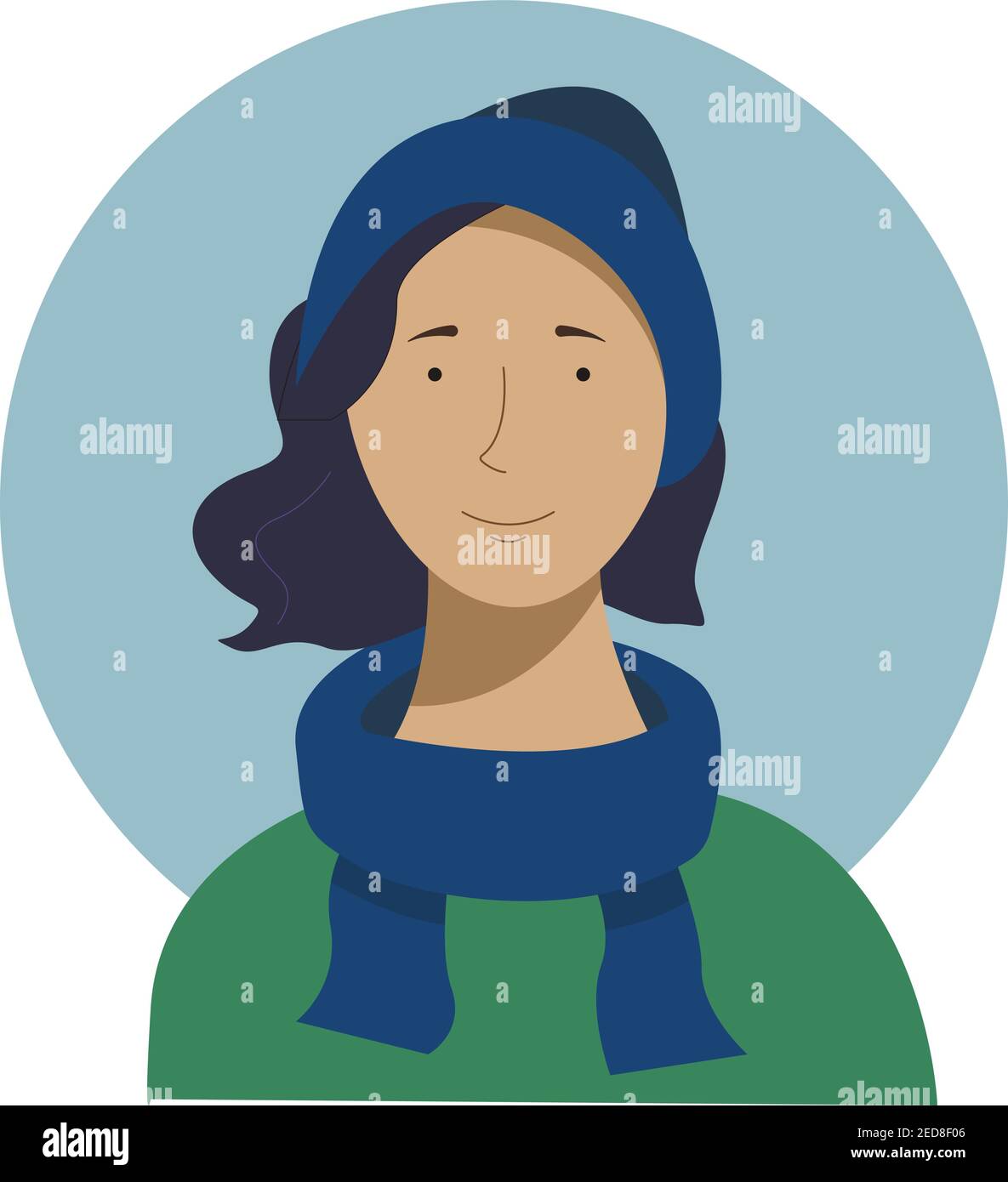 Portrait plat de fille dans des vêtements chauds d'hiver - écharpe et chapeau en laine et manteau vert. Illustration vectorielle saisonnière pour affiche ou carte sur la joie hivernale, Illustration de Vecteur