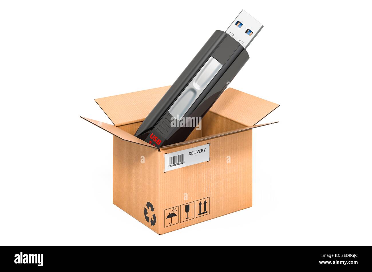 Clé USB à l'intérieur d'une boîte en carton, concept de livraison. Rendu 3D Banque D'Images