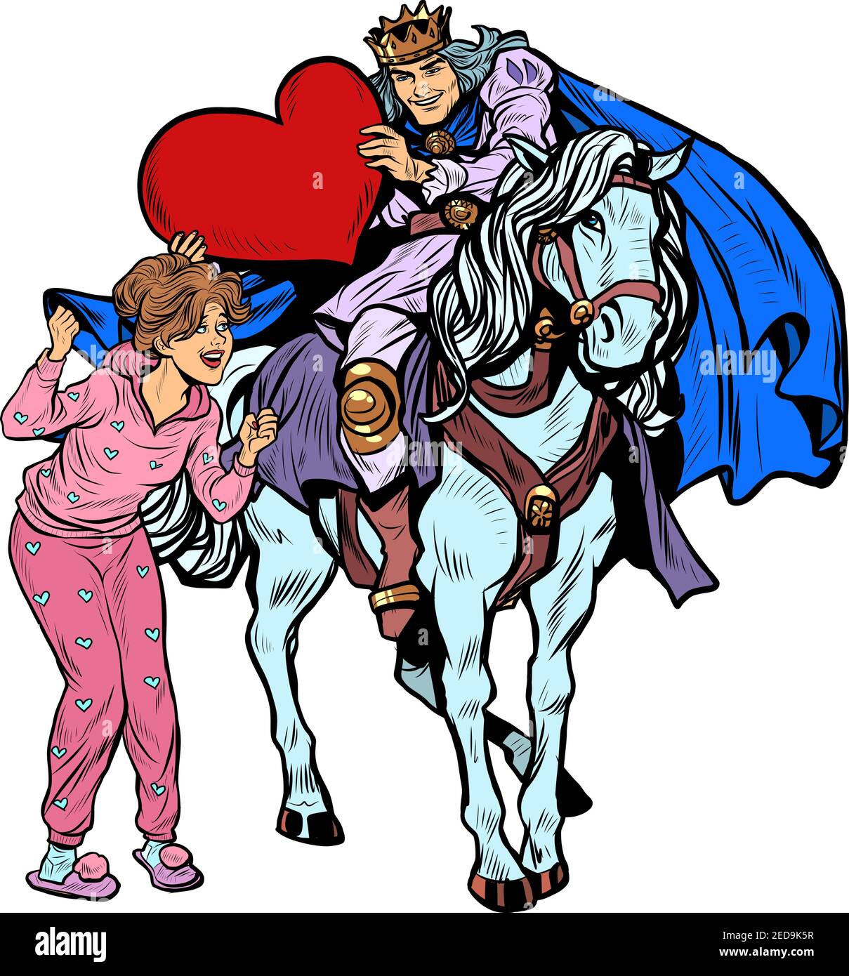 Saint-Valentin. Un prince amoureux sur un cheval blanc galopé à une belle femme Illustration de Vecteur