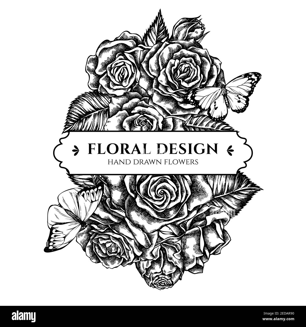 Bouquet floral noir et blanc, grand bout orange, tigre Uni, roses Illustration de Vecteur