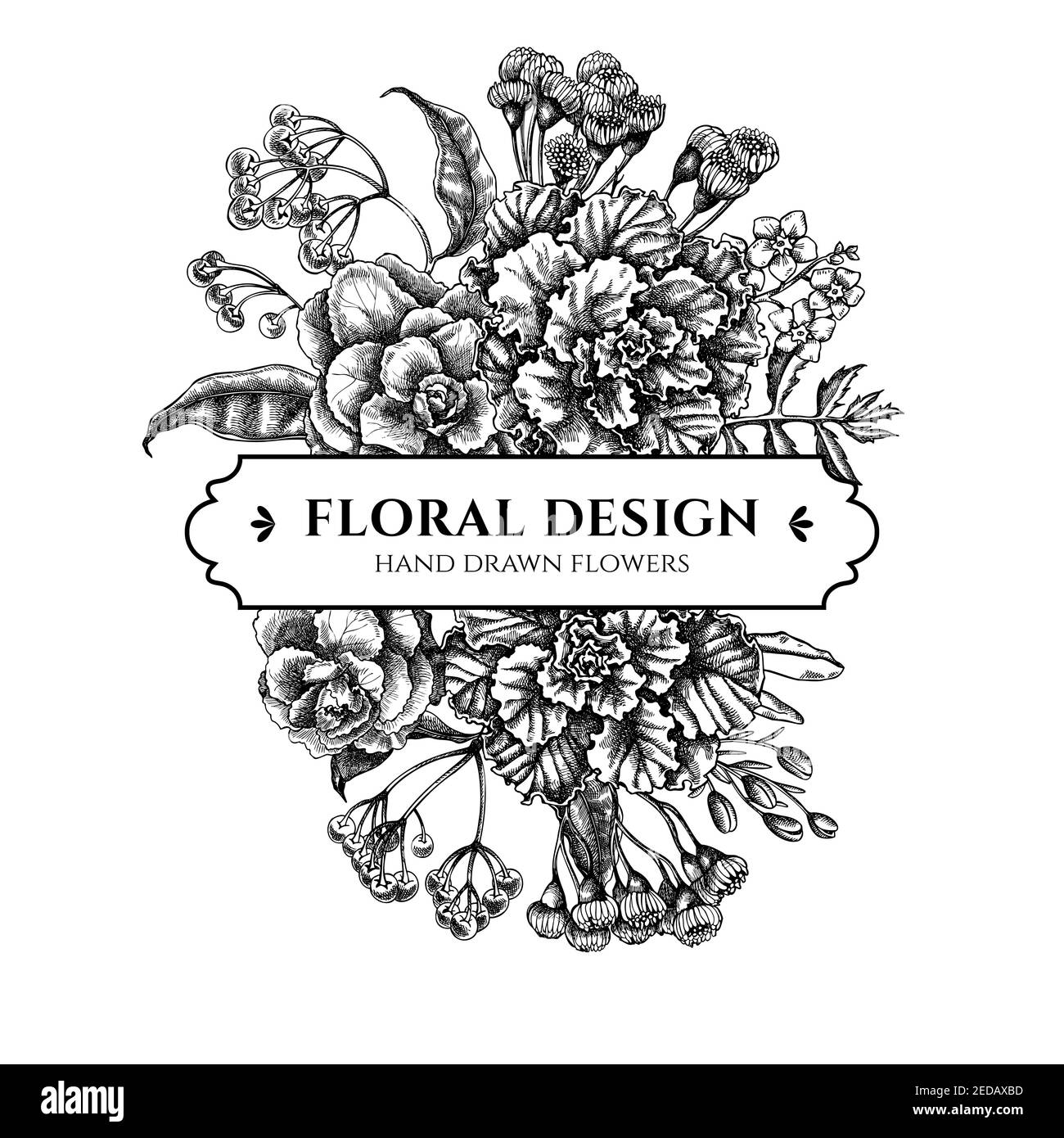 Bouquet floral avec fleur de cire noire et blanche, oubliez-moi pas fleur, tansy, ardisia, brassica, chou décoratif Illustration de Vecteur