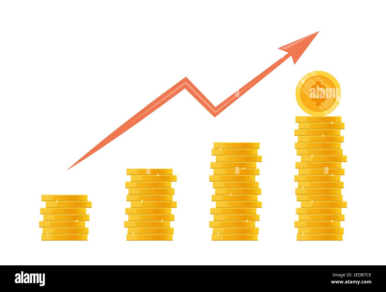 Pile de pièces d'or, concept de revenu ou de profit. Tas d'argent et flèche pointant vers le haut. Croissance financière, économie d'argent, concept d'investissement. Pile de ged Illustration de Vecteur