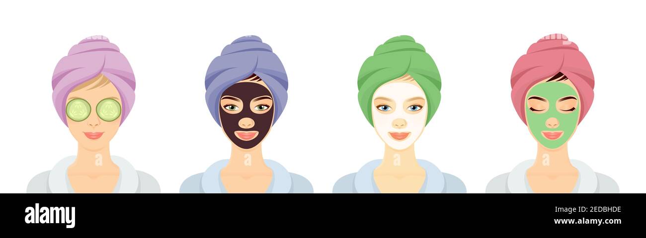 Femmes dans un spa avec différents masques pour le visage Illustration de Vecteur