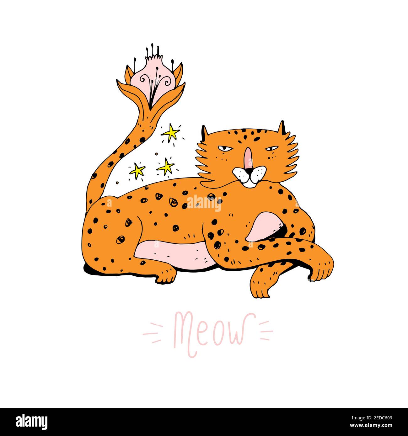 Joli léopard de dessin animé en forme de doodle. Drôle de caractère charismatique animal avec conte de fleurs. Bon pour une carte de vœux ou une affiche pour une chambre de bébé ou d'enfant, Illustration de Vecteur
