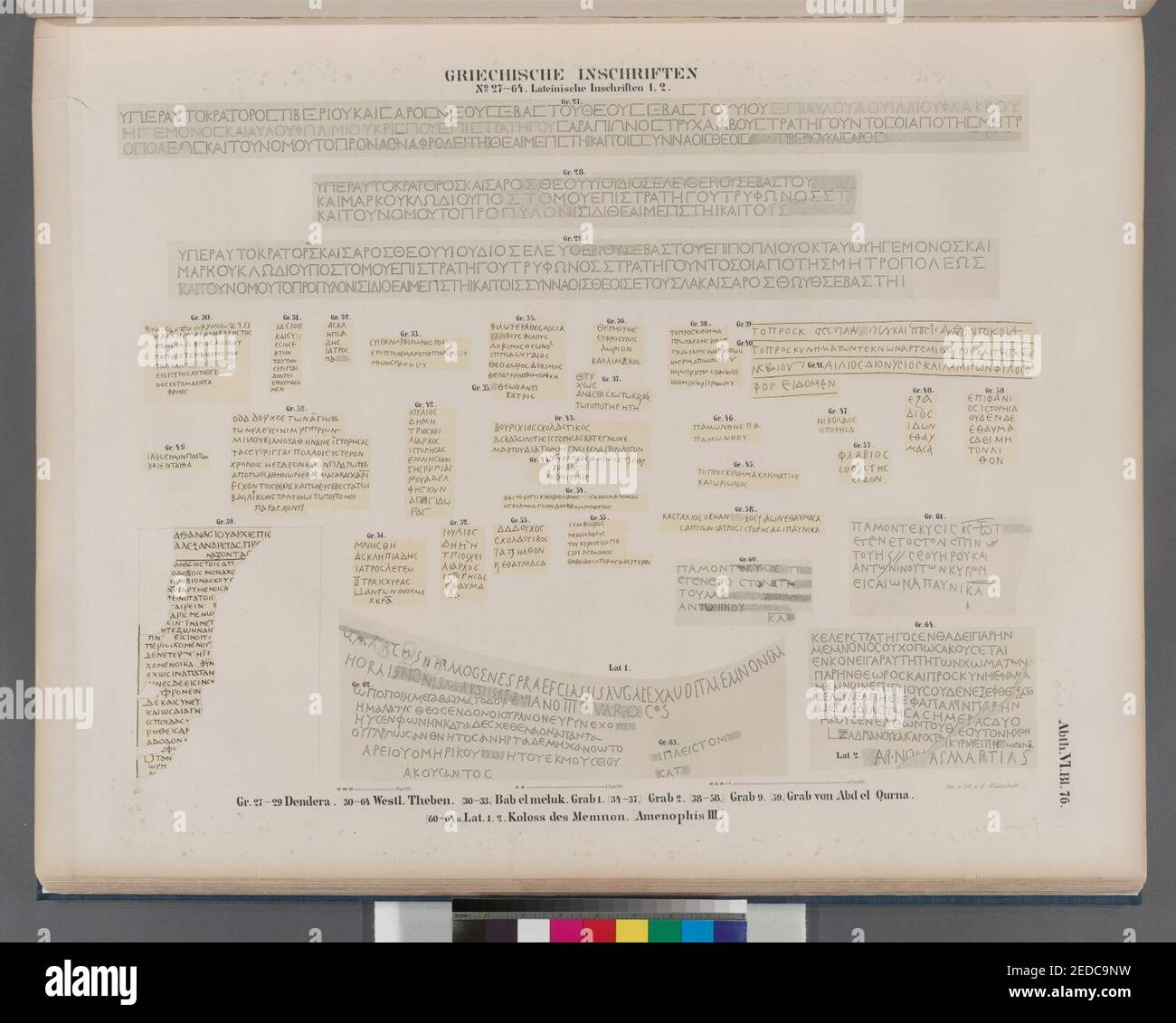 Griechische und Latéinische Inschriften. GR. 27-29- Dendera; 30-64- Westl. Theben. (30-33) Bab el Meluk (Bîban el-Mulûk), Grab 1, (34-37) Grab 2, (38-58) Grab 9, (59) Grab von Abd el Qurna, (60-64) Banque D'Images