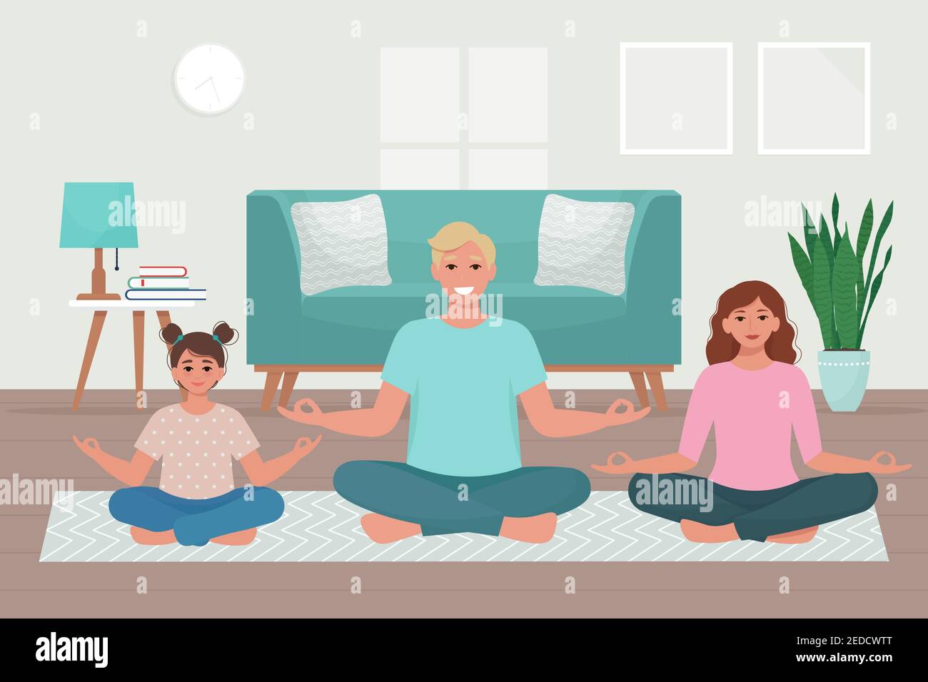 Famille faisant du yoga ensemble à la maison. Jolie illustration vectorielle de style plat Illustration de Vecteur