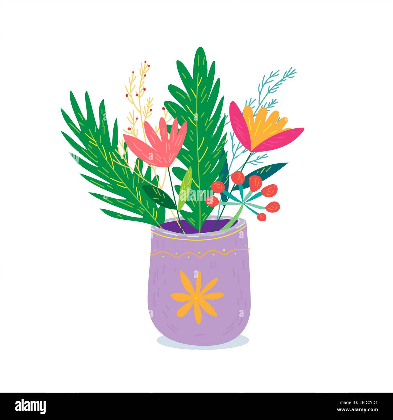 Bouquet de fleurs sauvages dans un vase. Jolie et confortable dessin animé dessin à la main illustration vectorielle sur fond blanc isolé. Illustration de Vecteur
