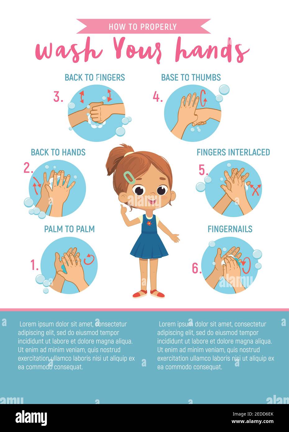 Comment se laver les mains six étapes affiche illustration pour les enfants. Affiche avec la jolie fille montre comment se laver les mains correctement. Hygiène Illustration de Vecteur