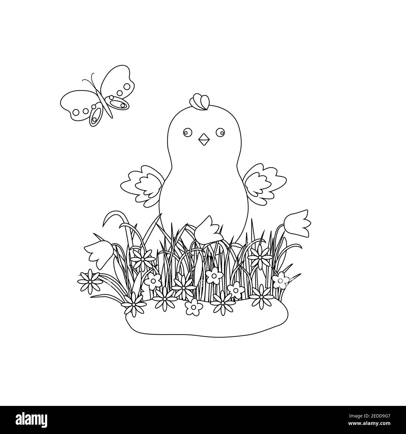 Composition florale de Pâques avec petit poulet mignon, herbe de printemps tôt avec fleurs, illustration vectorielle pour livre de coloriage, feuille de travail, printemps Illustration de Vecteur Composition florale de Pâques avec petit poulet mignon, herbe de printemps tôt avec fleurs, illustration vectorielle pour livre de coloriage, feuille de travail, printemps Illustration de Vecteur